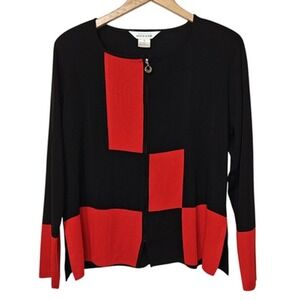 Misook Sweater Cardigan Womens‎ Large Black Red Colorblock Zip Knit Zip Up Class